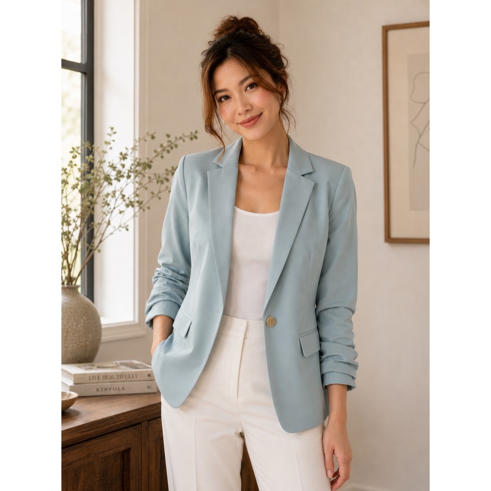 Ann Taylor Women Ruched Sleeve Blazer Sky‎ Blue Single Button Jacket Size 0 NWT